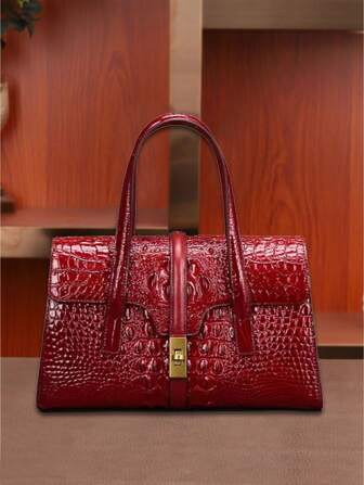 Women's Fashion Crocodile Leather Embossed Red/Purple Flap Handbag Crossbody Bag High-End Luxury Quiet Style Suitable For Party/Dinner/Outdoor/Commuting
