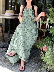 Vestido de verano con estampado total y tirantes para mujeres - Verde - Ver 3