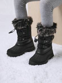 Boys Girls Snow Boots Mid Calf Boots Insulated Waterproof Side Zipper For Christams Gifts - màu đen - Xem 2