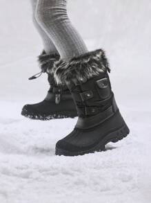 Boys Girls Snow Boots Mid Calf Boots Insulated Waterproof Side Zipper For Christams Gifts - màu đen - Xem 3