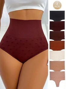 Conjunto de 7 piezas de ropa interior tipo tanga sin costuras para mujer con control de abdomen de cintura alta, corazón bordado y rayas tejidas