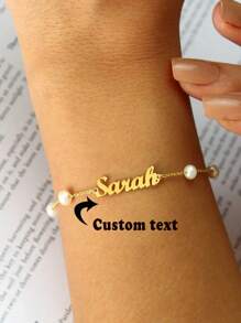 1 件定制诞生石珍珠名字手链，适合女士女孩珠宝个性化不锈钢铭牌串饰手链朋友生日派对礼物，金色、时尚、多彩、复古、简约、男女通用、休闲、可爱、定制、个性化、独特、适合他的理想礼物，适合她、男朋友、女朋友、爸爸、妈妈、家人、朋友、周年纪念、生日、毕业典礼、舞会、派对、舞会季节 - 金黃色 - 查看 2