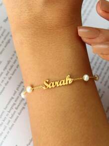1 件定制诞生石珍珠名字手链，适合女士女孩珠宝个性化不锈钢铭牌串饰手链朋友生日派对礼物，金色、时尚、多彩、复古、简约、男女通用、休闲、可爱、定制、个性化、独特、适合他的理想礼物，适合她、男朋友、女朋友、爸爸、妈妈、家人、朋友、周年纪念、生日、毕业典礼、舞会、派对、舞会季节 - 金黃色 - 查看 5