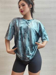 Camiseta de manga corta con estampado gris de gran tamaño, caída unicolor, verano relajado y de ocio - Gris - Ver 5