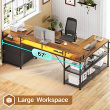 L Shaped Desk With 2 Drawers, Reversible Computer Desk With LED Lights And Power Outlet, Home Office Desk