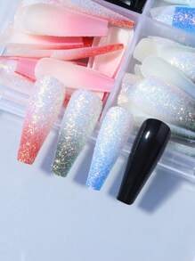 96pcs(4style) Long Coffin Gradient Glitter Design Acrylic Nail Tips Full Cover False Nail Tips Press On Nails With Storage Box As For Suitable For Women And Girls Daily Life And Party Use - Multicolor - View 5