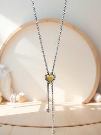 1pc Fashionable & Elegant Stainless Steel Heart Shaped Multi-Color Rhinestone Y-Shaped Tassel Necklace, Adjustable Versatile Women's Necklace, Suitable For Friends, Family, Party Gift, Daily Wear