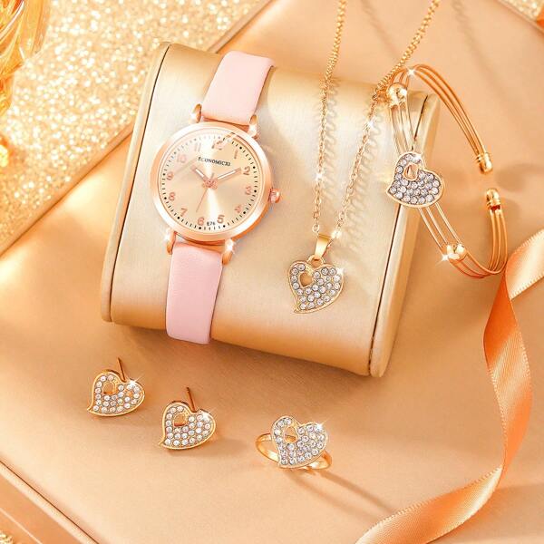 6 قطع ساعات أنيقة للنساء ذات طراز كلاسيكي ، رومانسي ، أنيق ، ساطع ، رائع ، عقارب رقمية رومانية ، ساعة إنالوج بأزرار بطاريات، حزام جلد البو كوارتز ، مجموعة اكسسوارات للمرأة تشمل أقراط ، سوار الحب ، خاتم ، عقد ،هدايا عيد الحب، تخرج، عيد ميلاد، العطلات،