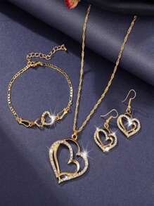 4pcs Set Delicate Double Heart Necklace, Earrings, Bracelet & Jewelry Set, Fashionable Bridal Accessories, Romantic Mother's Day Gift
