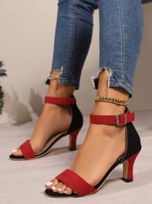 Sandalias elegantes con tobillera para mujer, y tacón de cono alto, sandalias elegantes de tacón alto con contraste de negro y morado