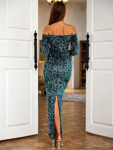 Off-Shoulder Sequin High Slit Formal Prom Dress In Blue-Green, Long Sleeve Semi Formal Dress, For Birthday, Wedding Guest, Graduation Homecoming - Blue - View 6