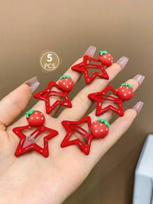 5 piezas Pasadores de cabello de 3 cm con estrella roja y fresa, estilo Y2K, accesorios de cabello minimalistas con estrella para uso diario, escuela y exterior - Sin cartón - Rojo - Ver 4