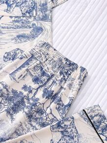 2 件套女士休闲豹纹睡衣套装 - 有领短袖衬衫和松紧腰宽松裤，适合休闲、户外和家居穿着，两件套 - 淺藍色 - 查看 7