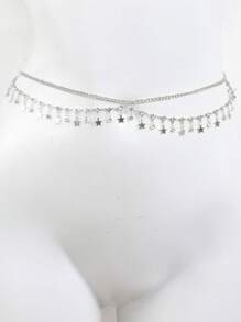 1入時尚個性化雙層流蘇金屬腰鏈，適合女性日常佩戴 - 銀色 - 查看 2