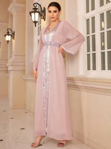 Women's Elegant Ribbon Patchwork Long Robe With Dress 2pcs Set - Pink - View 5