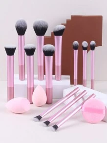 12pcs Multi-Functional Makeup Brush Set - Powder, Blusher, Foundation, Eyeshadow, Contour Brushes + Angled Makeup Sponge, Round Makeup Sponge, Pink Makeup Puff