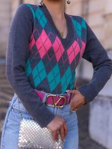 Women's Blouse Scottish Plaid Knitted Sweater V-Neck Tricot - 灰色 - 查看 3