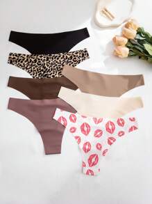 Set de 7 piezas/paquete de bragas de bikini sin costuras con talle bajo, estampado sexy de labios rojos, cómodas y adecuadas para fitness y deporte