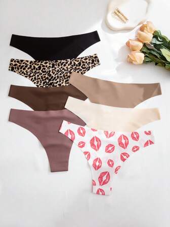 7pcs/Pack Women Seamless Low Waist Sexy Red Lip Print Bikini Underwear, Comfortable, Suitable For Fitness & Sports