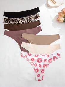 Set de 7 piezas/paquete de bragas de bikini sin costuras con talle bajo, estampado sexy de labios rojos, cómodas y adecuadas para fitness y deporte
