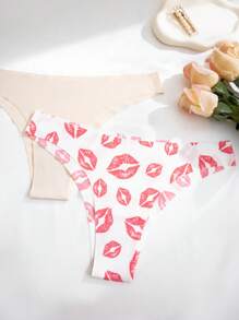 Set de 7 piezas/paquete de bragas de bikini sin costuras con talle bajo, estampado sexy de labios rojos, cómodas y adecuadas para fitness y deporte