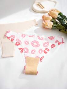 Set de 7 piezas/paquete de bragas de bikini sin costuras con talle bajo, estampado sexy de labios rojos, cómodas y adecuadas para fitness y deporte