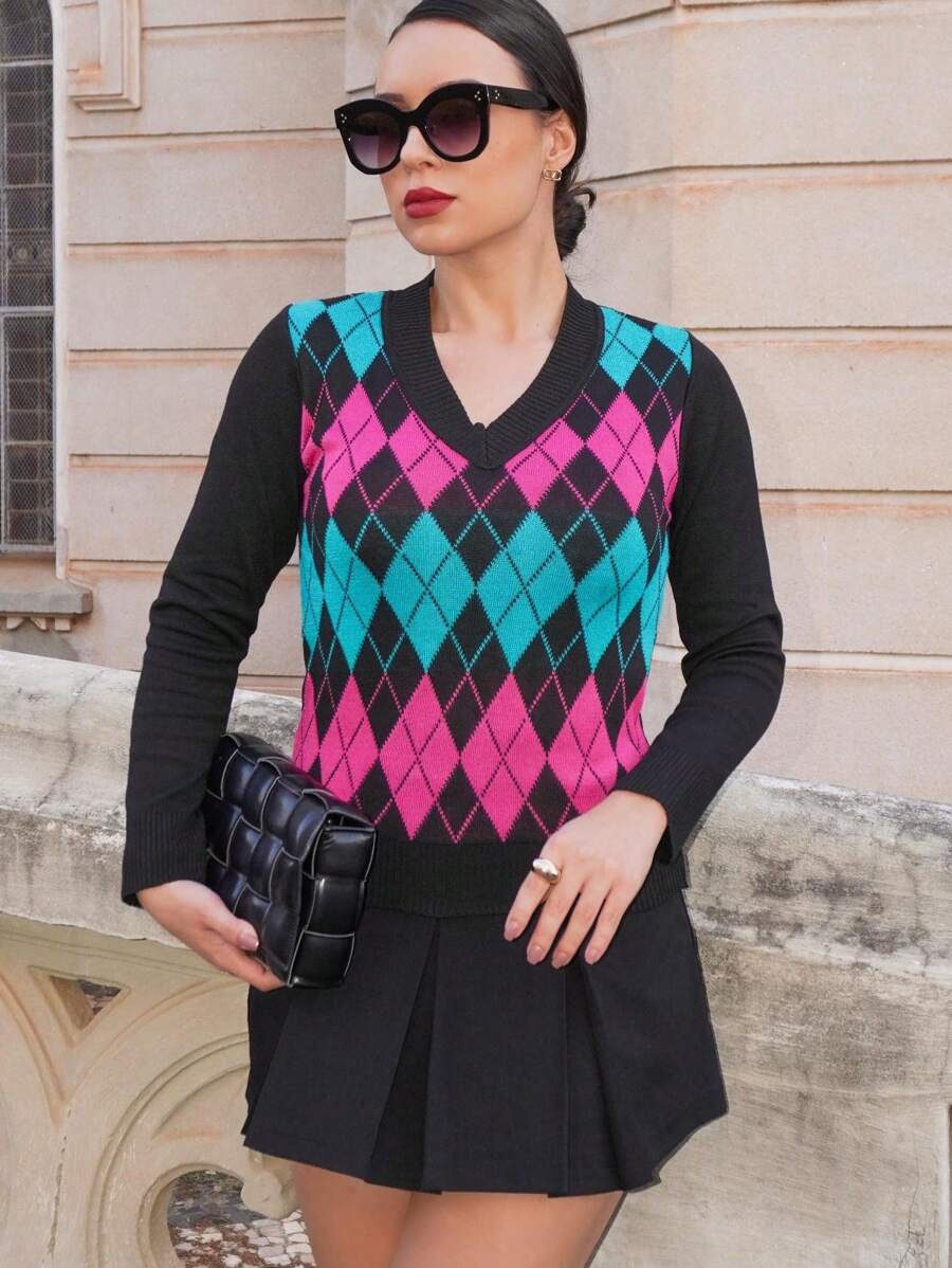 Women's Blouse Scottish Plaid Knitting Sweater V-Neck Tricot - Hitam - View 1