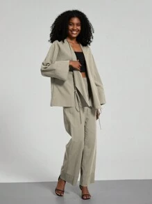 Women Casual Solid Color Kimono Top And Pants Set - Khaki - View 1