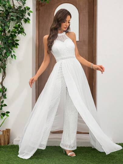 女士蕾丝露背无袖优雅连体裤高腰无袖阔腿裤雪纺飘带婚礼其他服装，白色连衣裙，新娘