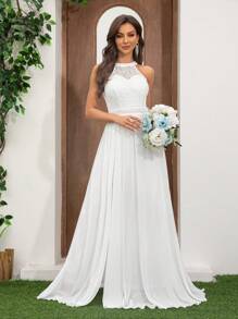 Macaquinho Elegante Feminino com Decote em Lacê, Sem Mangas, Cintura Alta, Pernas Largas, Fitas de Chiffon para Casamento e Outras Roupas, Vestido Branco, Noiva