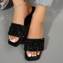 Women's Summer Beach Slippers Indoor And Outdoor Rhinestone Casual Fashion Slippers Square Open Toe Flat Bottom Sandals - 黑色 - 查看 10