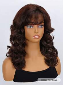 18 Inch Long Curly Wave Wig 1 PC Brown Wig With Bang Synthetic Wig 150% High Density Heat Resistant Fiber Breathable Rose Net Cap Versatile For Daily Wear And Halloween Party