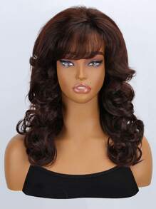 18 Inch Long Curly Wave Wig 1 PC Brown Wig With Bang Synthetic Wig 150% High Density Heat Resistant Fiber Breathable Rose Net Cap Versatile For Daily Wear And Halloween Party