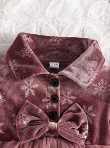 Baby Girl Floral Printed Long Sleeve Ruffle Shoulder Cardigan Dress With Bow Button Decor, Spring/Autumn - Rusty Rose - View 3