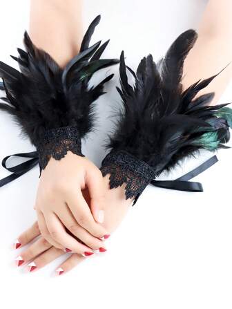 1 Pair Feather Lace Wrist Cuffs, Party, Ball, Performance Costume Accessory