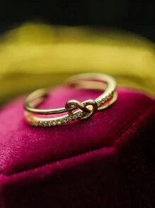1pc Luxury Copper Gold Color Twisted Criss-Cross Full Rhinestone Ring, For Women Daily,Party,Event - 金色 - 查看 5