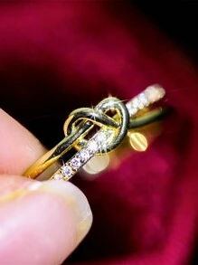 1pc Luxury Copper Gold Color Twisted Criss-Cross Full Rhinestone Ring, For Women Daily,Party,Event - 金色 - 查看 2