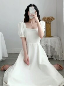 Vestido Elegante de Verano para Mujer de Unicolor, Vestidos Transpirables Cómodos Casuales de Verano para Mujer - Blanco - Ver 6