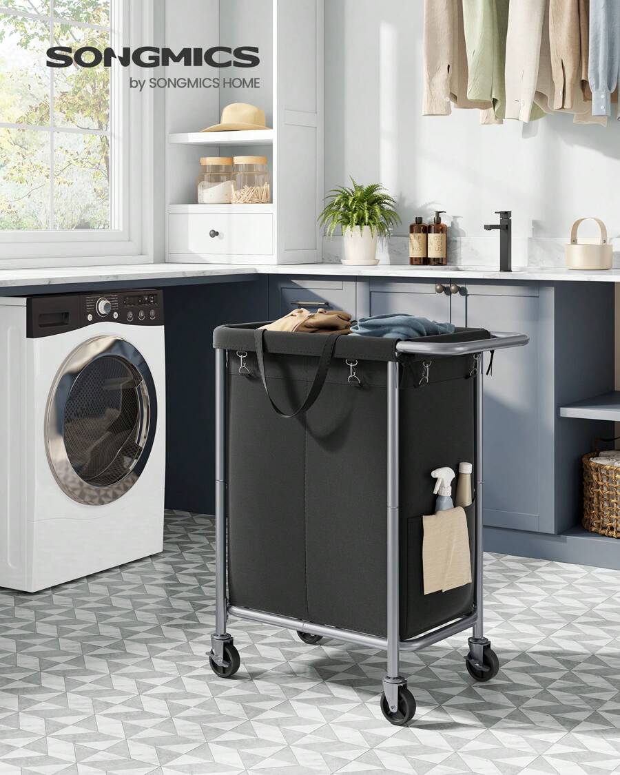 SONGMICS Laundry Basket On Wheels, 2-Compartment Laundry Hamper, 37 Gallons (140L), Removable Liner, Steel Frame With Handle, Large Linen Storage - Black - View 1