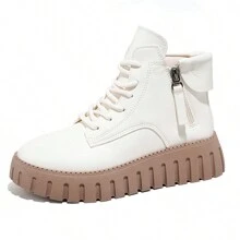 2024 New Stylish Thick Sole Leather Ankle Boots For Women, British Style Boots For Fall/Winter - Beige - View 2