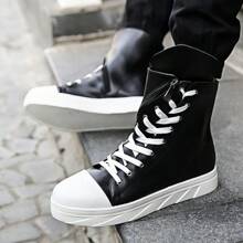 High-Top Leather Boots, Men's Round Toe Mid-Calf Casual Cargo Boots, Fashion Combat Boots, Platform Lace-Up Retro Boots - White and Black - View 11