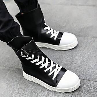 High-Top Leather Boots, Men's Round Toe Mid-Calf Casual Cargo Boots, Fashion Combat Boots, Platform Lace-Up Retro Boots