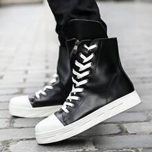 High-Top Leather Boots, Men's Round Toe Mid-Calf Casual Cargo Boots, Fashion Combat Boots, Platform Lace-Up Retro Boots - White and Black - View 7