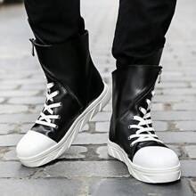 High-Top Leather Boots, Men's Round Toe Mid-Calf Casual Cargo Boots, Fashion Combat Boots, Platform Lace-Up Retro Boots - White and Black - View 4