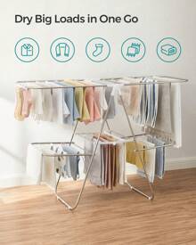 SONGMICS 2-Level Clothes Airer, Foldable Clothes Drying Rack, Laundry Rack With Height-Adjustable Wings, Free-Standing Clothes Horse, Indoor Outdoor Use, Bed Linen Clothing - Silver - View 2