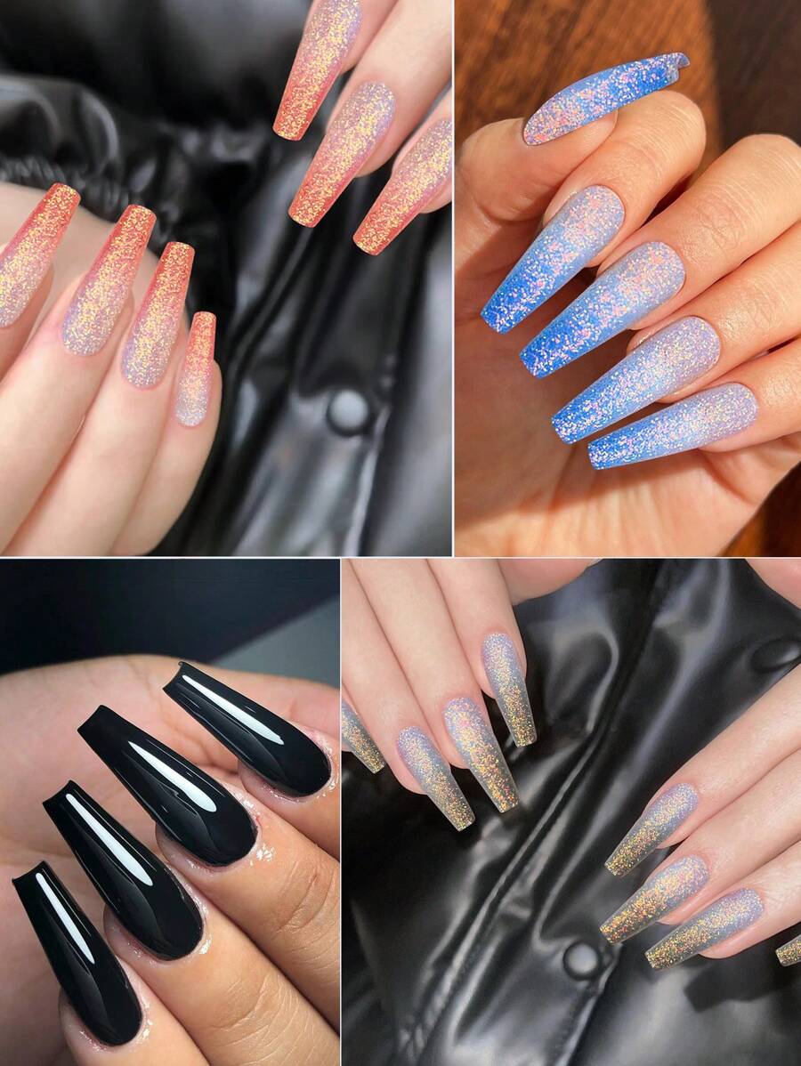 96pcs(4style) Long Coffin Gradient Glitter Design Acrylic Nail Tips Full Cover False Nail Tips Press On Nails With Storage Box As For Suitable For Women And Girls Daily Life And Party Use - Multicolor - View 1