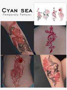 4pcs Waterproof And Sweatproof Temporary Tattoo Sticker Set With Chinese Style Patterns, Including Dragon, Tiger, Fish, Flowers, Phoenix, Etc. It Is Fashionable, Exquisite, And Attractive For Daily Use Of Fashionable People.
