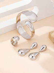 1 Set Vintage Exaggerated Water Drop Pendant Earrings, Geometric Open Bangle Bracelet & Open Ring - Silver - View 6