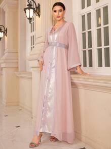 Women's Elegant Ribbon Patchwork Long Robe With Dress 2pcs Set - Pink - View 4