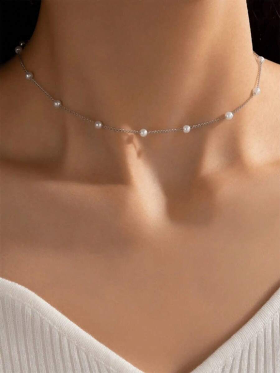 1pc New Fashion Elegant Vintage Faux Pearl Necklace Choker - Silver - View 1
